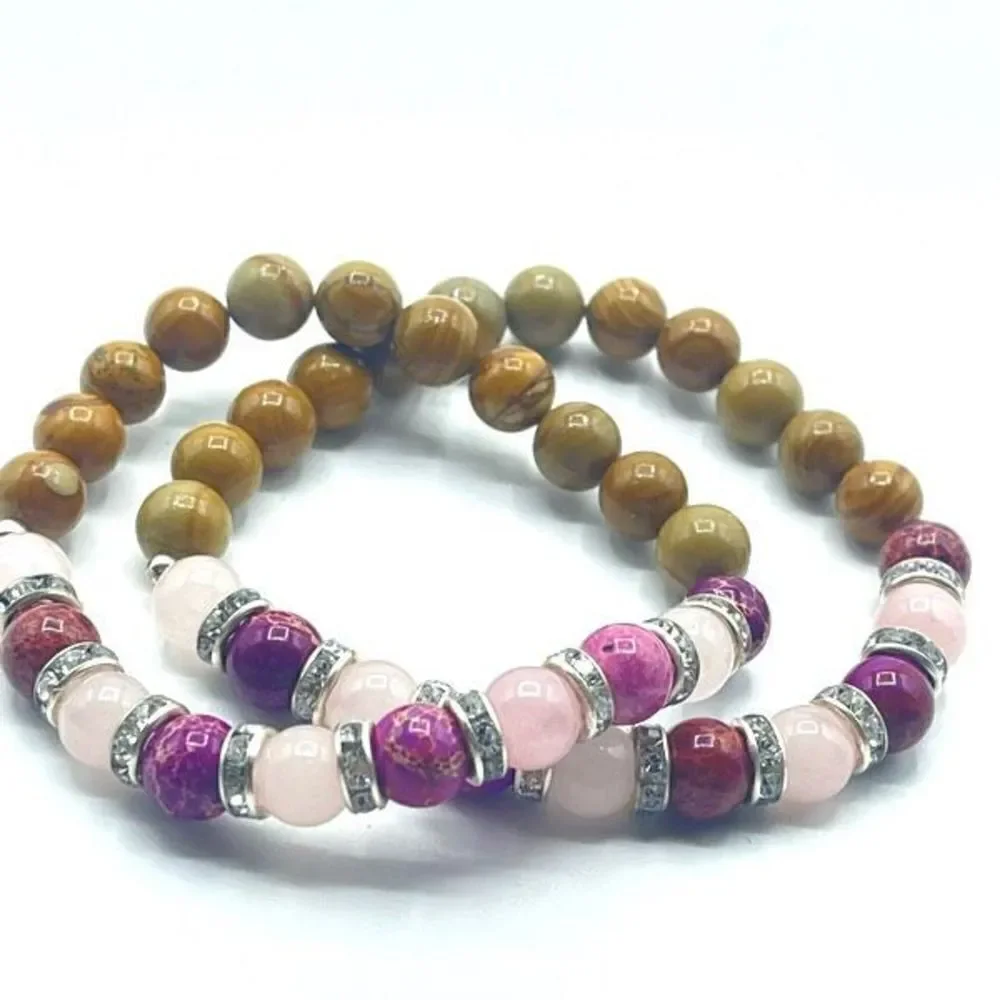 Rose quartz rose imperial jasper wood grain beaded stretch bracelet ONE NEW crys